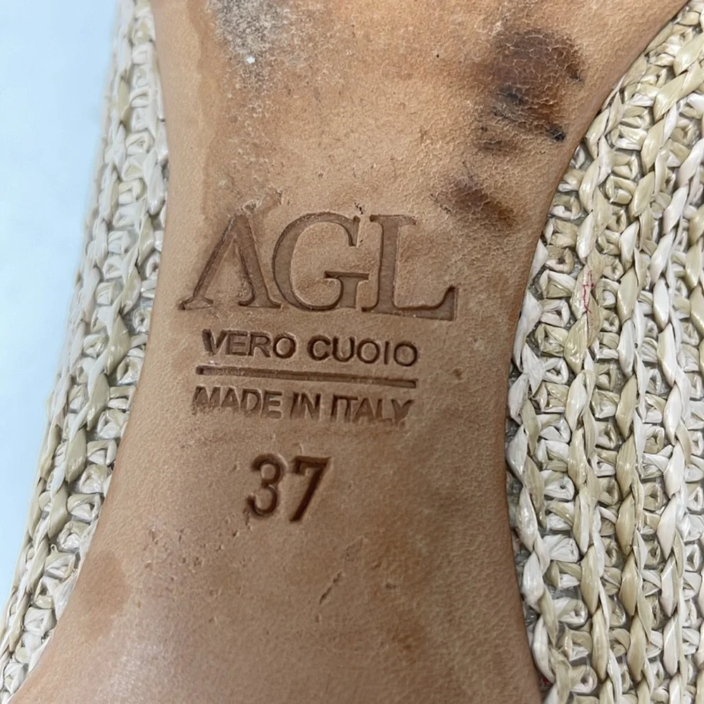 AGL Attilio Giusti Leombruni Red Patent Tan Straw Woven Ballet Flats Size 37
